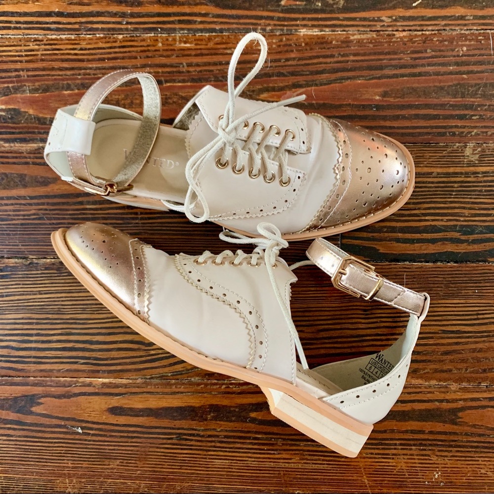 ROSE GOLD ANKLE STRAP FEMME OXFORD FLATS • SZ 6